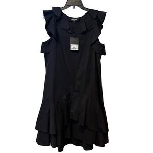NWT PAULE KA Paris Black Ruffle Neckline Skirt Cotton Viscose Midi Dress Size 44